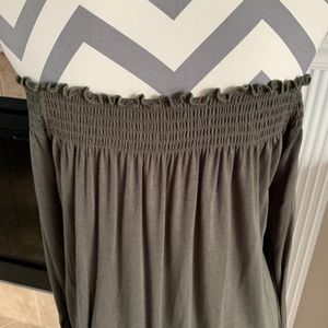 Army Green, Soft and Stretchy, Off Shoulder Tunic With Tie Sleeves, L